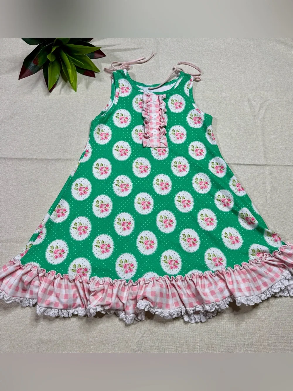 SweetHoney Green Floral Medallion Ruffle Dress Pink Gingham Girls 8Y